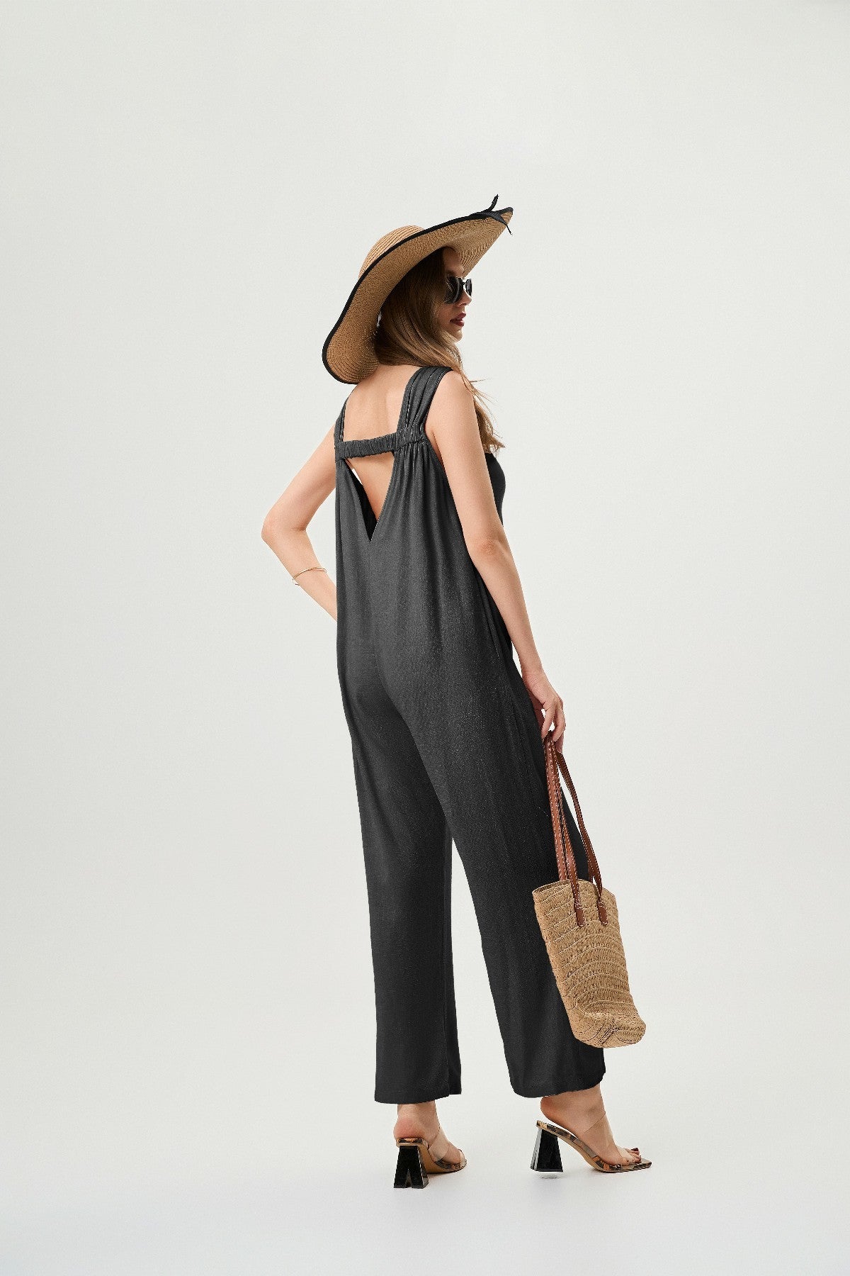 Women's Linen Jumpsuit - Comfortable And Breathable, Elastic Back With Classic H-Line Design And Pockets, Available In Black Apricot And Orange Red