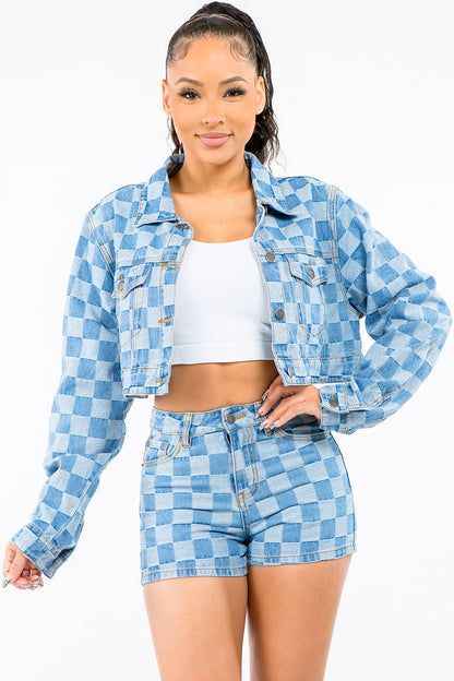 American Bazi Checkered Long Sleeve Cropped Denim Jacket