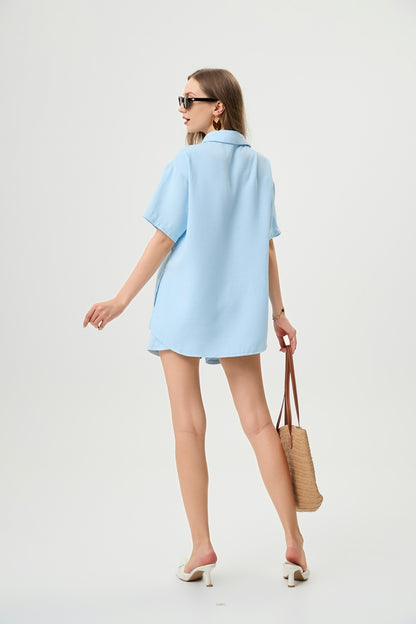 Casual Two-Piece Set For Women - Waffle Textured Fabric Shirt And Shorts With Side Slits, Versatile Ice Blue Summer Outfit