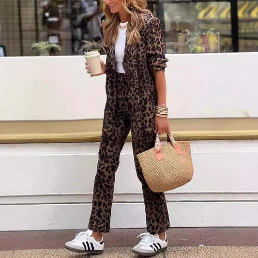 Autumn And Winter Women's Leopard Print Printed Long-sleeved Top High Waist Suit Trousers