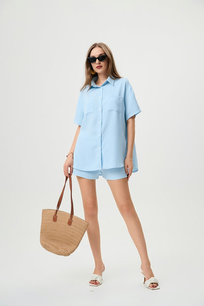 Casual Two-Piece Set For Women - Waffle Textured Fabric Shirt And Shorts With Side Slits, Versatile Ice Blue Summer Outfit