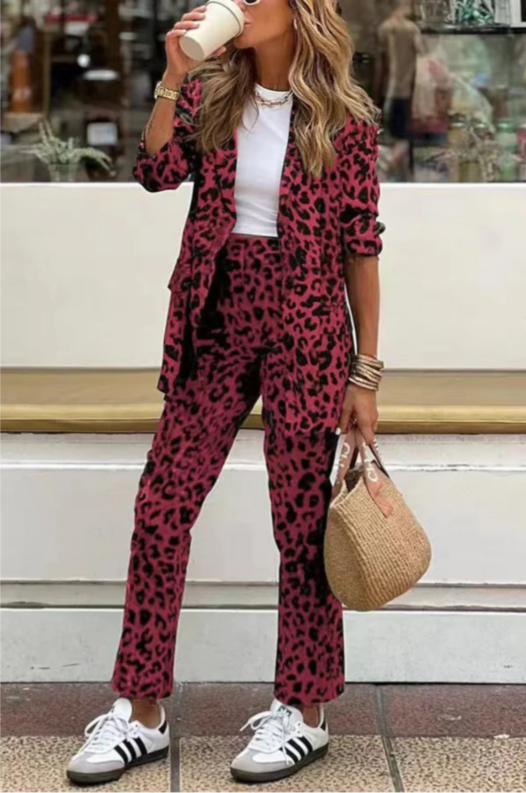 Autumn And Winter Women's Leopard Print Printed Long-sleeved Top High Waist Suit Trousers