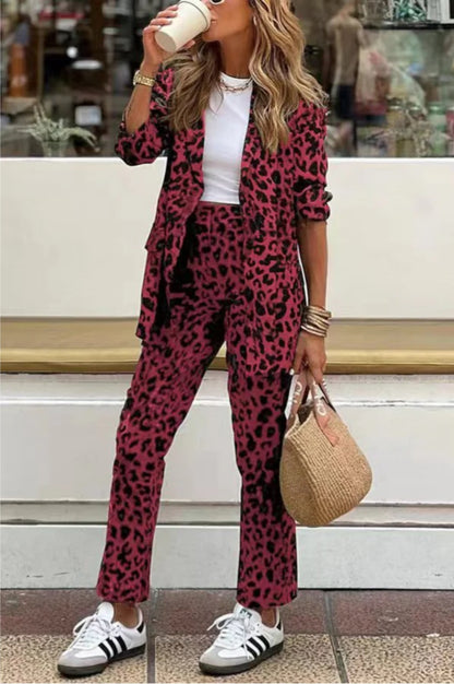 Autumn And Winter Women's Leopard Print Printed Long-sleeved Top High Waist Suit Trousers