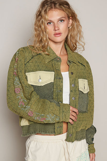 POL Embroidered Sleeve Raw Edge Quilted Jacket