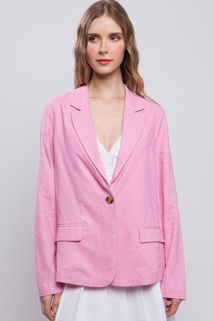 Love Tree One-Button Long Sleeve Linen Blazer