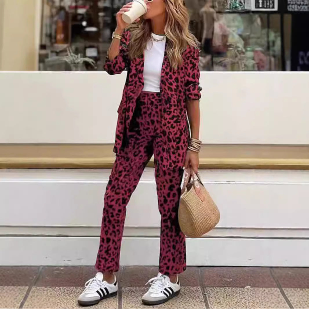 Autumn And Winter Women's Leopard Print Printed Long-sleeved Top High Waist Suit Trousers