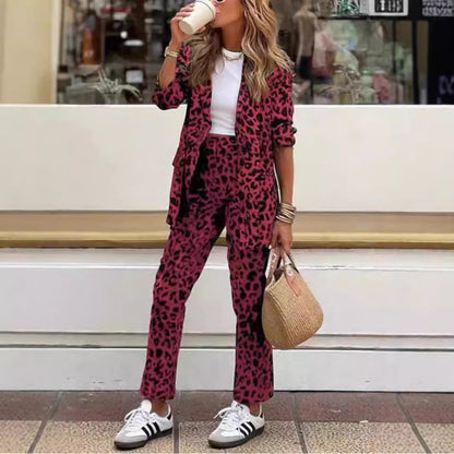 Autumn And Winter Women's Leopard Print Printed Long-sleeved Top High Waist Suit Trousers