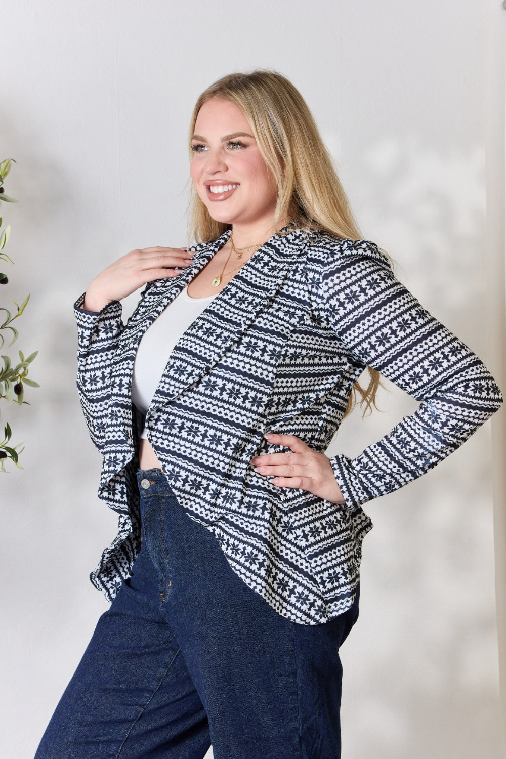 Heimish Full Size Open Front Printed Blazer