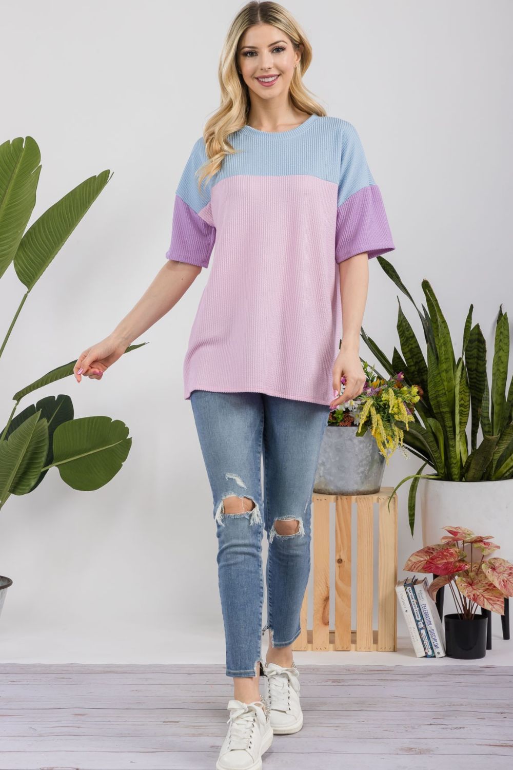 Celeste Full Size Ribbed Color Block T-Shirt