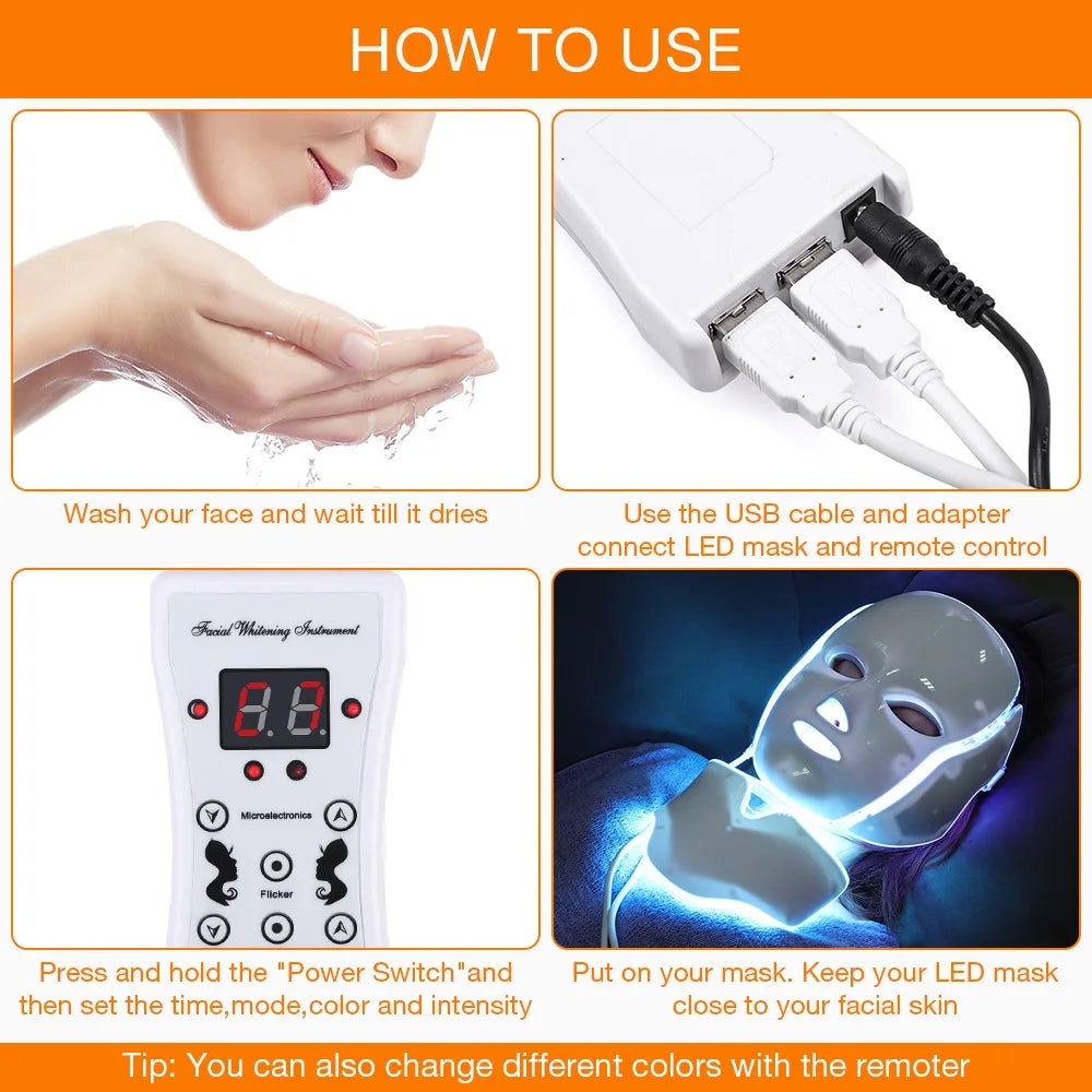 7 Colors Light LED Beauty Facial Mask With Neck Therapy Tool