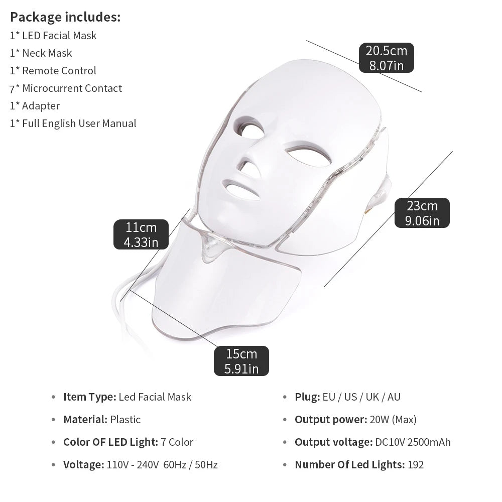 7 Colors Light LED Beauty Facial Mask With Neck Therapy Tool