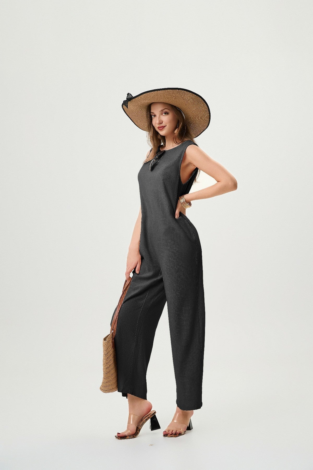 Women's Linen Jumpsuit - Comfortable And Breathable, Elastic Back With Classic H-Line Design And Pockets, Available In Black Apricot And Orange Red