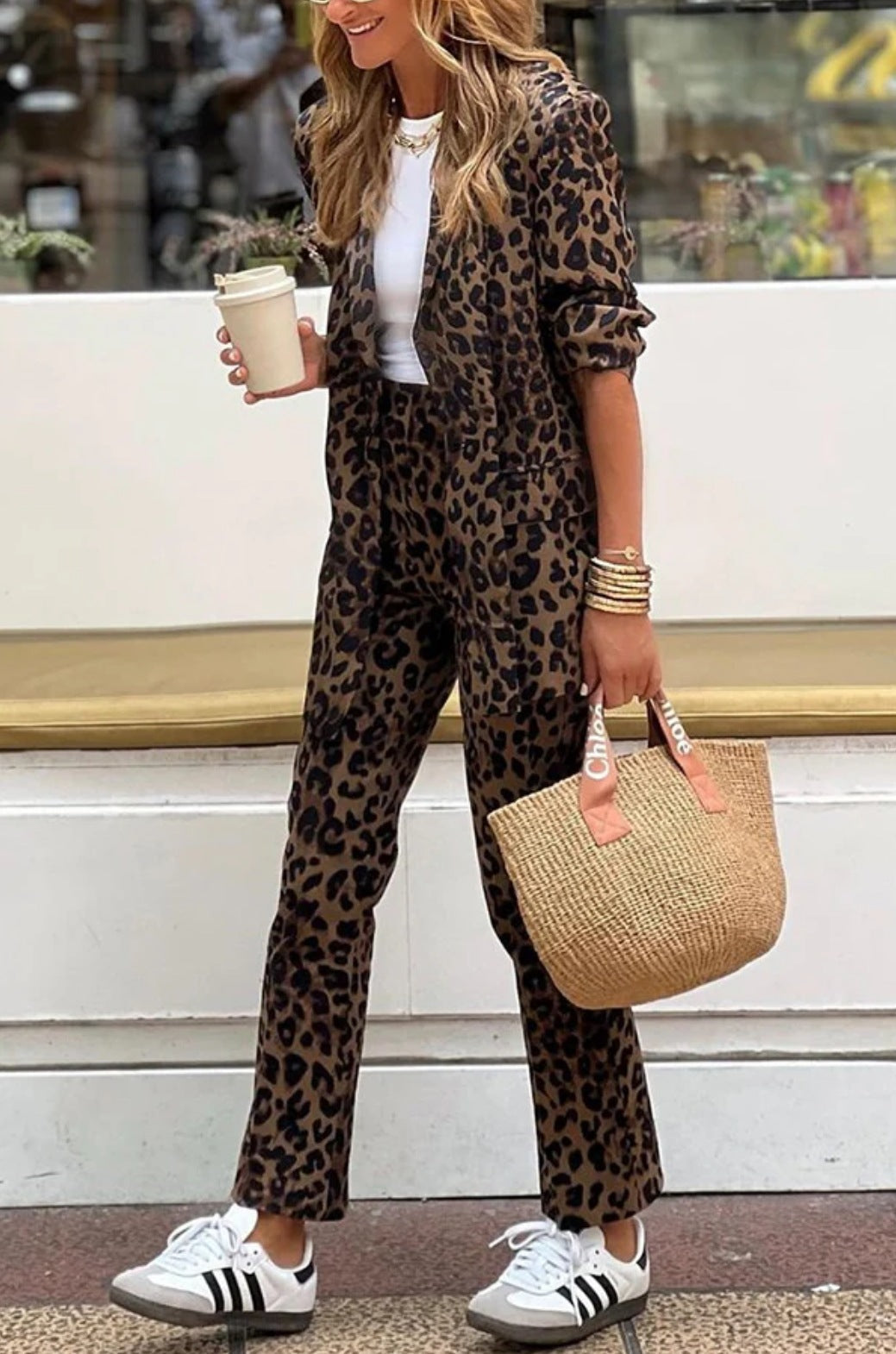 Autumn And Winter Women's Leopard Print Printed Long-sleeved Top High Waist Suit Trousers