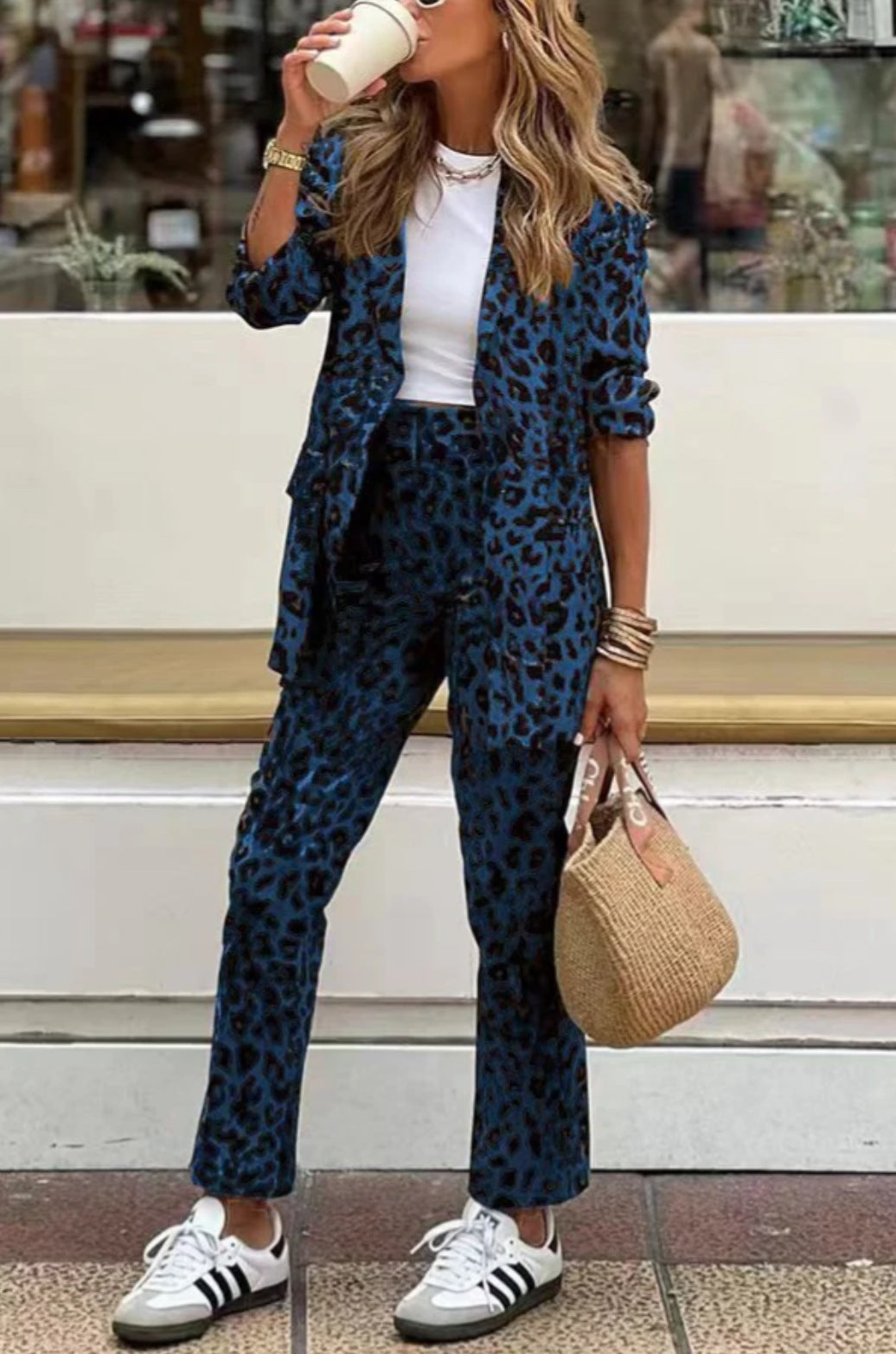 Autumn And Winter Women's Leopard Print Printed Long-sleeved Top High Waist Suit Trousers